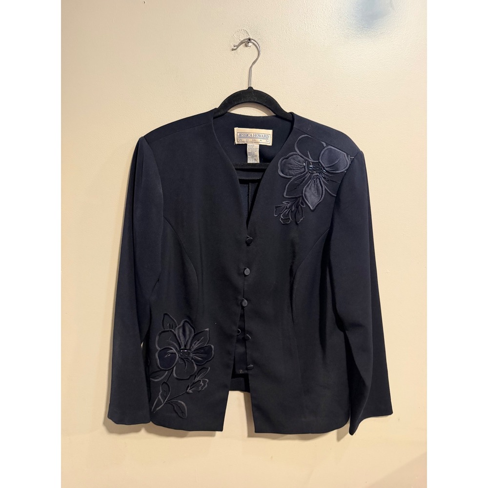 Jessica Howard Woman Navy Blue Floral Applique Button Front Blazer Jacket 16W